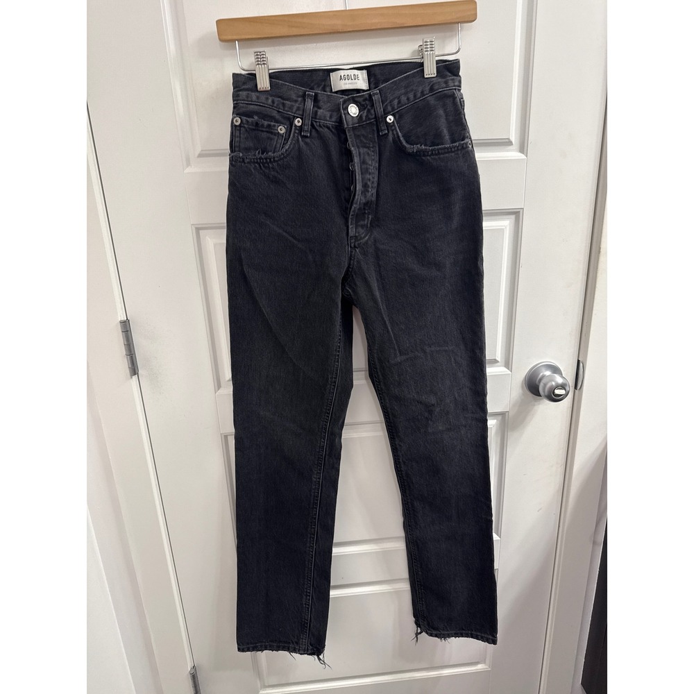 Agolde Lana High Rise Straight Leg Jeans Faded Black Raw Hem Size 23